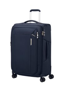 Valigia rigida blu navy dal design elegante, con manico telescopico, doppi ruote e una tasca frontale con chiusura a zip.