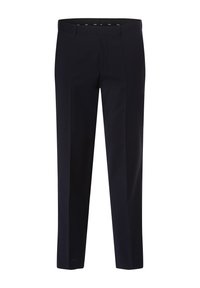 Navy blue trousers made of smooth fabric, featuring a straight leg design, belt loops, and no visible patterns or hardware details.
