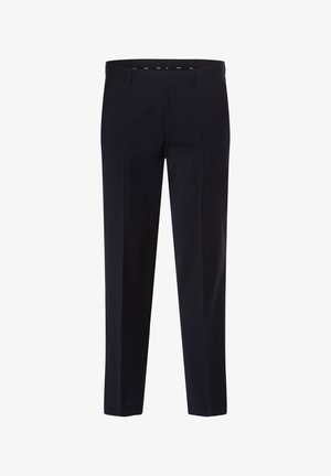Pantalones azul marino hechos de una tela suave, con un diseño de pierna recta, passantes para cinturón y sin patrones visibles ni detalles metálicos.