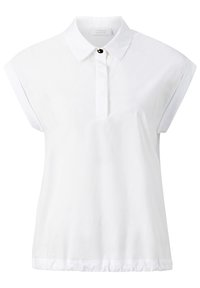 Witte korte mouwen shirt met een kraag, voorzien van een knoop bij de hals en een relaxte pasvorm. Gemaakt van lichte, gladde stof.