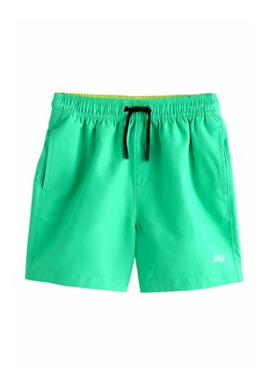 Lysegrønne badeshorts med elastisk taljebånd, sort snor, sidelommer og en lille hvid logo på venstre ben.