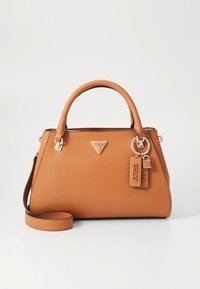 Pruun käekott struktureeritud disainiga, tekstuurse viimistluse, kahe ülemise sangaga, eemaldatava õlarihma ja kuldse tooniga metalldetailidega.