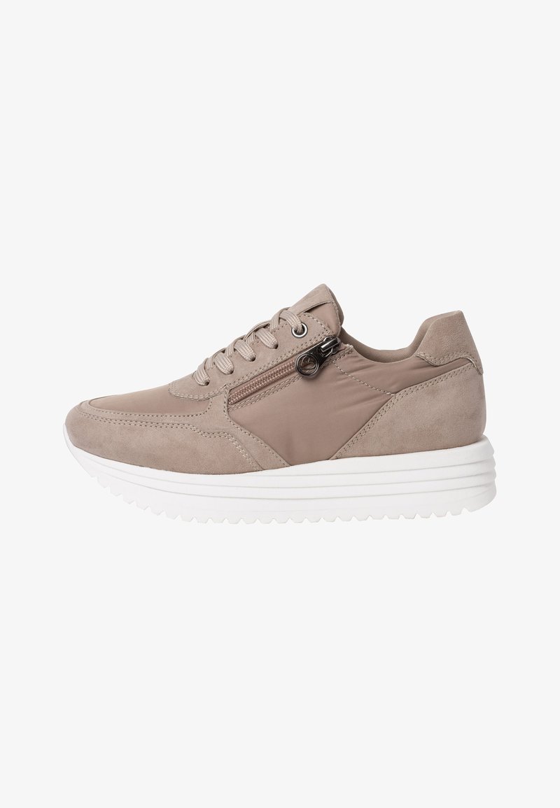 Beige athletic sneaker with a mix of suede and fabric; features a side zipper, round toe, and a white, layered rubber sole.