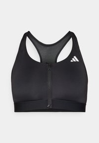 Soutien-gorge de sport noir avec une fermeture éclair à l'avant, design dos nageur et large bande élastique. Présente le logo Adidas sur le côté supérieur gauche. Texture lisse.