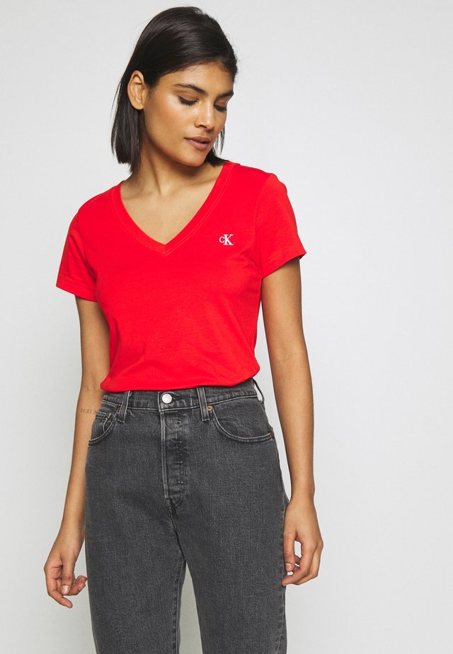 EMBROIDERY V NECK - T-Shirt basic - fiery red