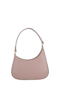 Rosa Lederhandtasche mit einer geschwungenen Form und einem einzigen Schulterriemen. Verfügt über eine glatte Textur und dezente Nähte entlang der Kanten.