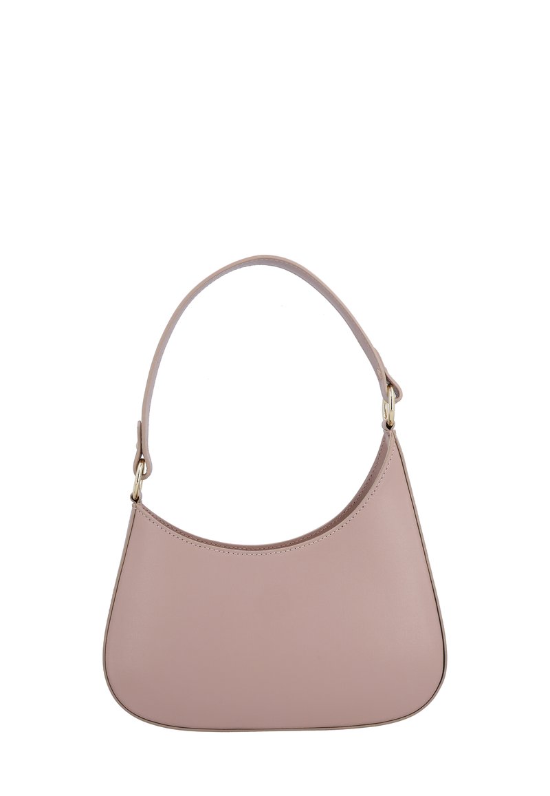 Rosa Lederhandtasche mit einer geschwungenen Form und einem einzigen Schulterriemen. Verfügt über eine glatte Textur und dezente Nähte entlang der Kanten.