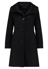 Svart kappa med hög krage, långa ärmar och fem framknappar. Tillverkad av mjukt tyg med rak skärning och utan synliga mönster.