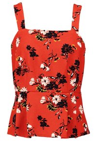 Czerwony top peplum w kwiaty z prostokątnymi ramiączkami, wyróżniający się teksturowanym materiałem oraz kontrastowymi czarno-białymi wzorami kwiatowymi.