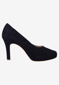 Pompe à talon haut en daim bleu marine avec un bout arrondi, une large plateforme et un talon stiletto de 10 cm. Texture lisse avec un design minimaliste.