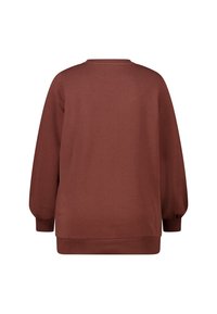 Bruine sweater met een ronde hals, lange ballonmouwen en geribbelde manchetten met een gladde textuur en een losse pasvorm.