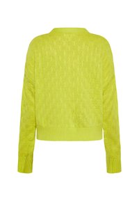 Fényes lime zöld kötött pulóver, texturált mintával, kerek nyakkivágással és hosszú ujjakkal. Bordázott aljjal és mandzsettával rendelkezik.