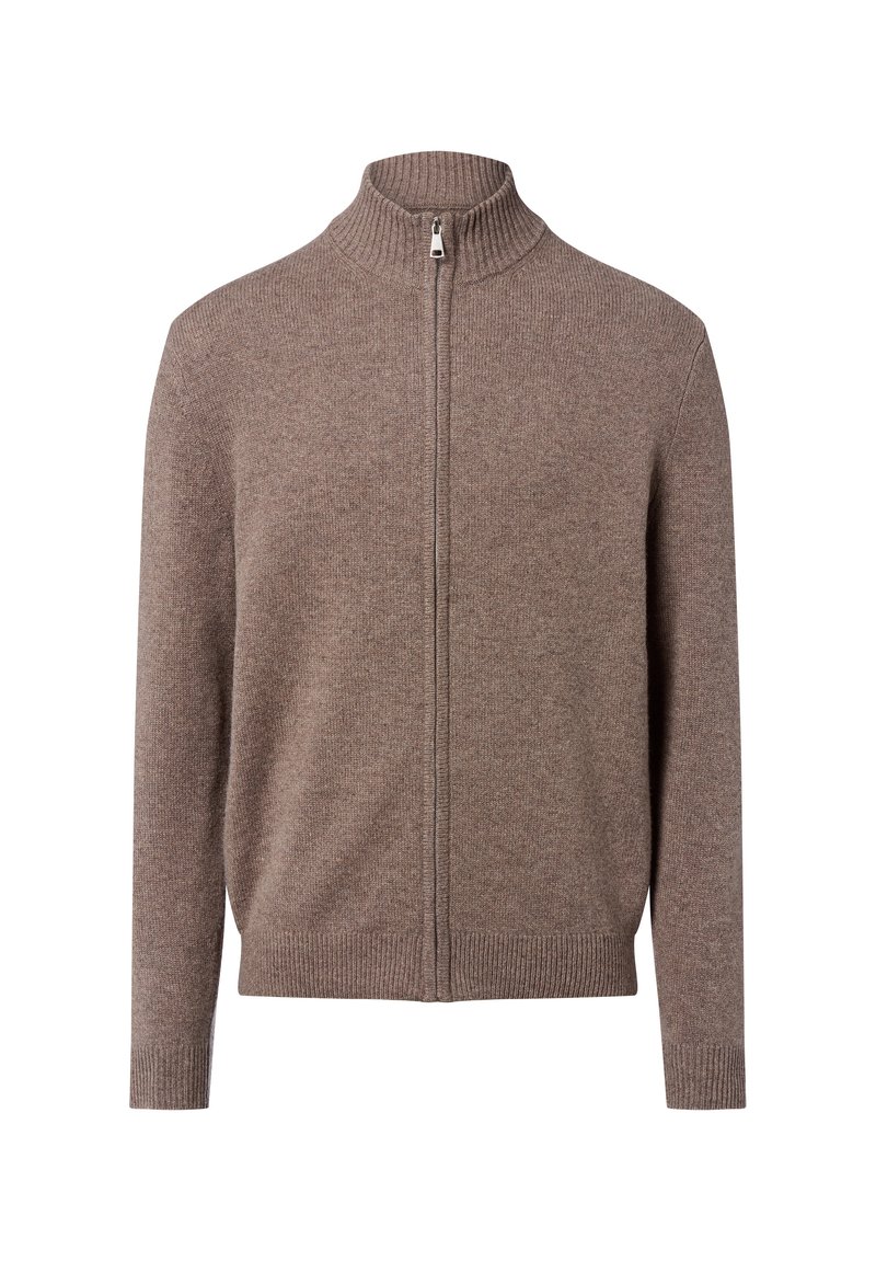 Brauner Reißverschluss-Pullover mit hohem Kragen, gerippten Bündchen und Saum. Hergestellt aus einem strukturierten Strickstoff, mit einem zentralen Reißverschluss.