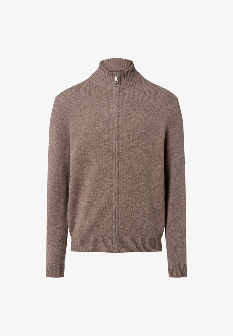 Brauner Reißverschluss-Pullover mit hohem Kragen, gerippten Bündchen und Saum. Hergestellt aus einem strukturierten Strickstoff, mit einem zentralen Reißverschluss.