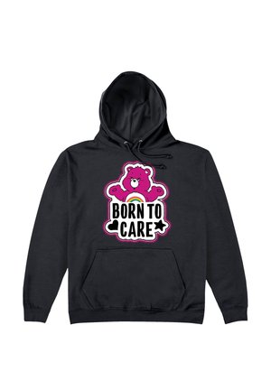 Czarna bluza z kapturem wykonana z mieszanki bawełny, z różową grafiką misia i napisem "BORN TO CARE" oraz tęczowym akcentem z przodu. Zawiera kieszeń z przodu.