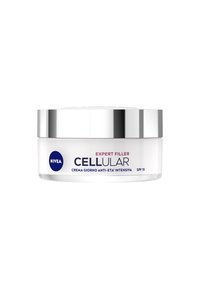 Barattolo di crema NIVEA CELLULAR Expert Filler, bianco e argento, design circolare, con marchio blu, etichetta SPF 15, superficie liscia.