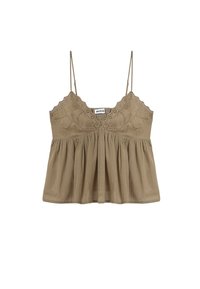 Débardeur sans manches couleur tan avec des détails en dentelle le long de l'encolure, un corsage plissé et des bretelles spaghetti ajustables. Fabriqué à partir d'un tissu léger.