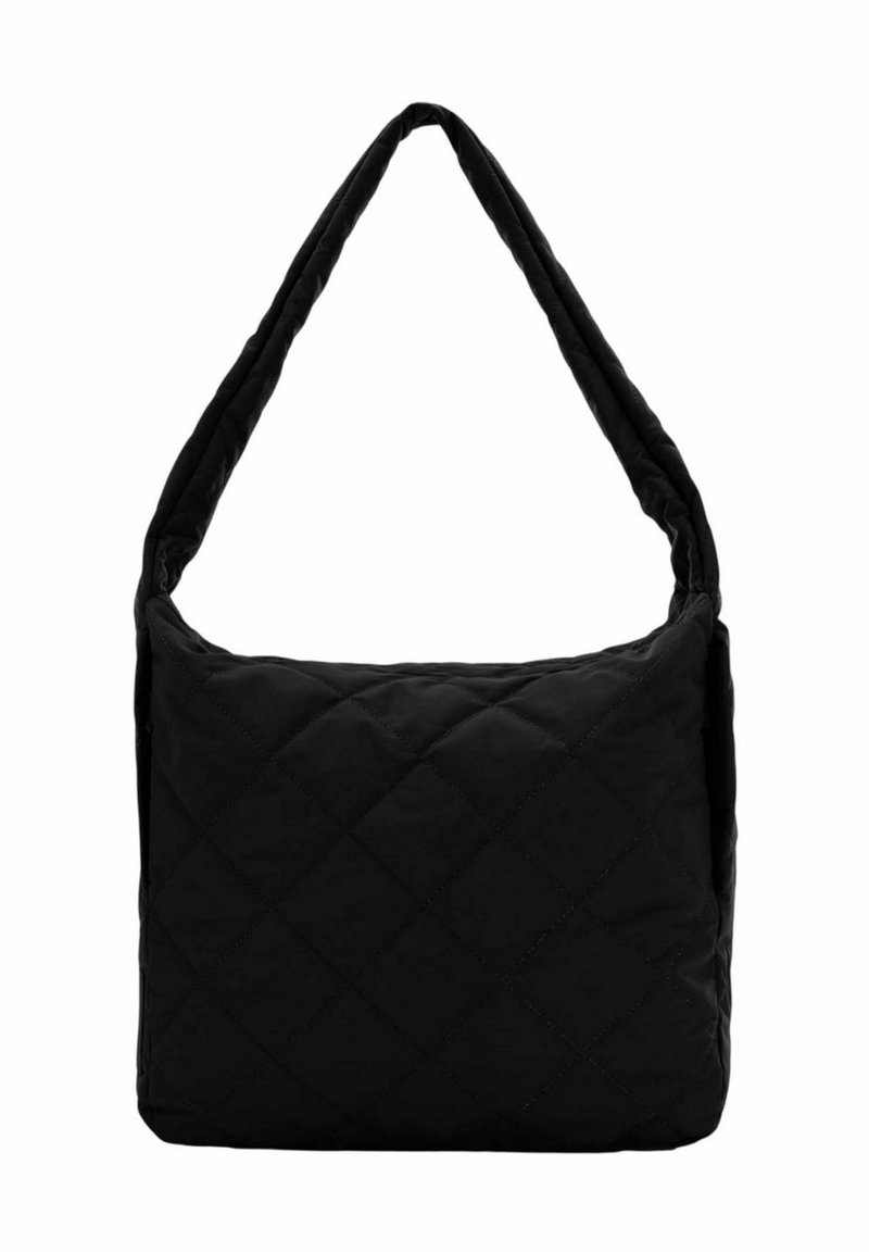 Sac à épaule noir matelassé avec une large bandoulière et une texture douce. Il présente une forme rectangulaire et un motif en losange cousu sur la surface.