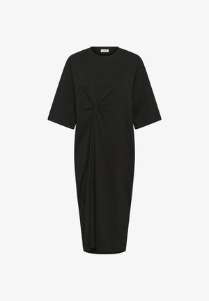Zwarte katoenen jurk met korte mouwen, ronde halslijn en een gedraaide knoopdetails aan de voorkant; een ontspannen pasvorm met een knielange silhouet.