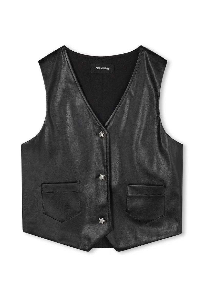 Gilet in pelle nera con scollatura a V, bottoni a forma di stella argentati e due tasche frontali. Tessuto liscio e design aderente.