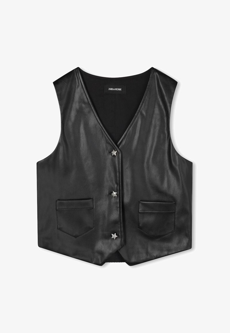 Czarna skórzana kamizelka z dekoltem w kształcie litery V, srebrnymi guzikami w kształcie gwiazdy oraz dwoma przednimi kieszeniami. Gładka tekstura i dopasowany krój.