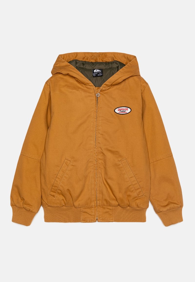 Veste à capuche marron pour enfants avec fermeture éclair à l'avant, deux poches, poignets et ourlet côtelés, et une petite étiquette "Quiksilver Original" sur la poitrine.