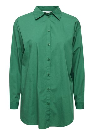 Camicetta verde a maniche lunghe in cotone, con colletto classico e vestibilità comoda, caratterizzata da una superficie liscia e un colore uniforme.