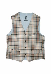Karierte Weste mit braunen, blauen und cremefarbenen Muster, V-Ausschnitt, fünf schwarzen Knöpfen und zwei Fronttaschen. Futter ist hellblau.