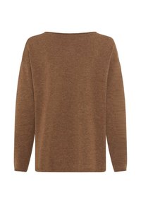 Brauner Pullover mit langen Ärmeln und weitem Ausschnitt, hergestellt aus weichem Material. Verfügt über eine lockere Passform und Rippstrick-Textur an den Manschetten und dem Saum.