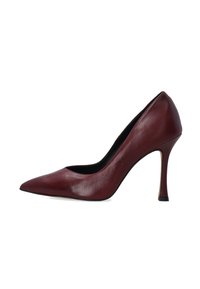 Burgundské kožené lodičky s špičatou špičkou a elegantním designem. Vysoký stiletto podpatek má jemně strukturovaný povrch a černou podrážku.