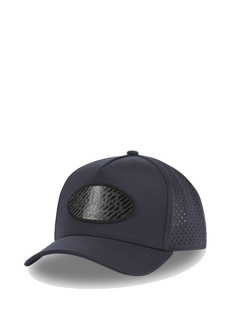 Casquette bleu marine avec un design perforé, présentant un patch logo texturé noir sur le devant et une visière courbée.