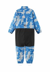 Blue and gray camouflage-patterned overall with long sleeves, black bottom section, elastic cuffs, and small logo on the back.