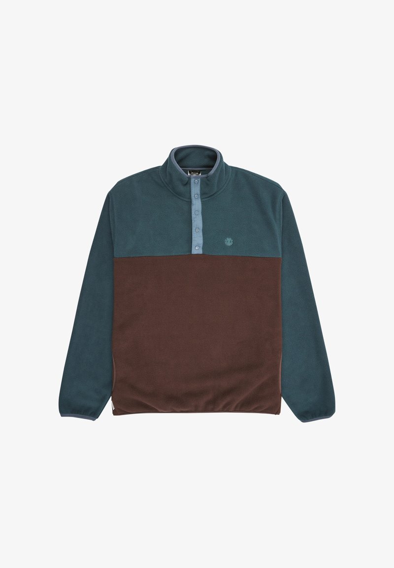 Fleece pullover with a teal upper and brown lower section, featuring a zip neck and five buttons in a light blue color. Soft texture.