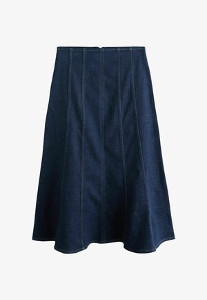 Dark blue denim A-line skirt featuring vertical stitching details, a flared hem, and a concealed back zipper. Smooth texture, mid-length design.