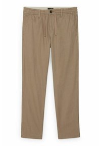 Pantalon beige en mélange de coton avec une ceinture élastique, un cordon de serrage, des poches avant et une coupe droite. Texture lisse, sans motifs visibles.