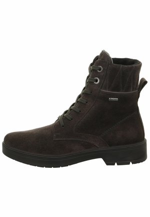 Bottes de cheville en cuir gris foncé avec une finition en suède texturé, bout rond, fermeture à lacets à l'avant et une semelle en caoutchouc noir robuste.