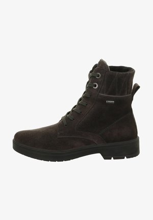 Stivali alla caviglia in pelle grigio scuro con finitura in suede texturizzato, punta rotonda, allacciatura frontale e suola in gomma nera resistente.