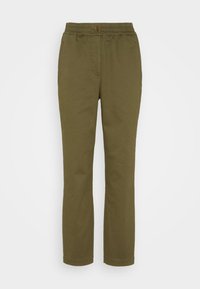 Olijf groene katoenen broek met een ontspannen pasvorm, elastische tailleband, knoopsluiting en zijzakken. Rechtdoor ontwerp met omgezoomde randen.