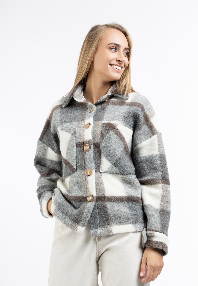 Jachetă din fleece în carouri gri și alb, cu buzunare mari, butoane din lemn și guler. Stilizată cu pantaloni de culoare deschisă. Textură moale.