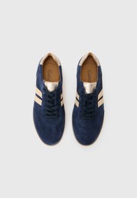 Marineblå suedesk sneakers med metallisk gullaccent, featuring to beige striper, rund tå, og svarte lisser. Flat gummisåle og polstret innersåle.