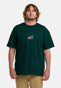 Camiseta de algodón verde con escote redondo y mangas cortas. Presenta un logo gráfico colorido en el pecho. Corte holgado.