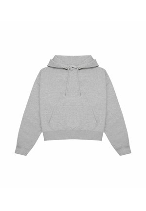 Haut à capuche gris court en matériau doux, avec une capuche à cordon, une poche kangourou à l'avant et des poignets côtelés. Design simple sans motifs.