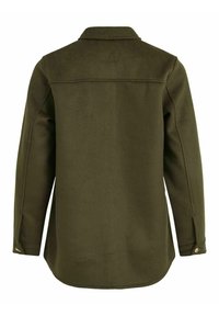 Veste vert foncé à manches longues avec col, poignets boutonnés et un détail de couture sur le haut du dos, vue de dos.