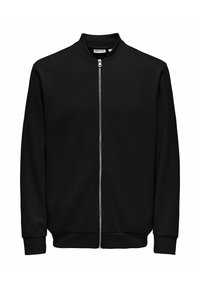 Sort zip-up sweatshirt med høj krave, med ribbede manchetter og kant, lavet af blødt stof med glat tekstur og uden synlige mønstre.