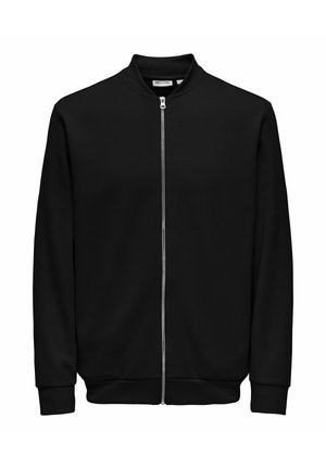 Schwarzer Reißverschluss-Sweatshirt mit hohem Kragen, mit gerippten Bündchen und Saum, aus weichem Stoff, glatter Textur und ohne sichtbare Muster.