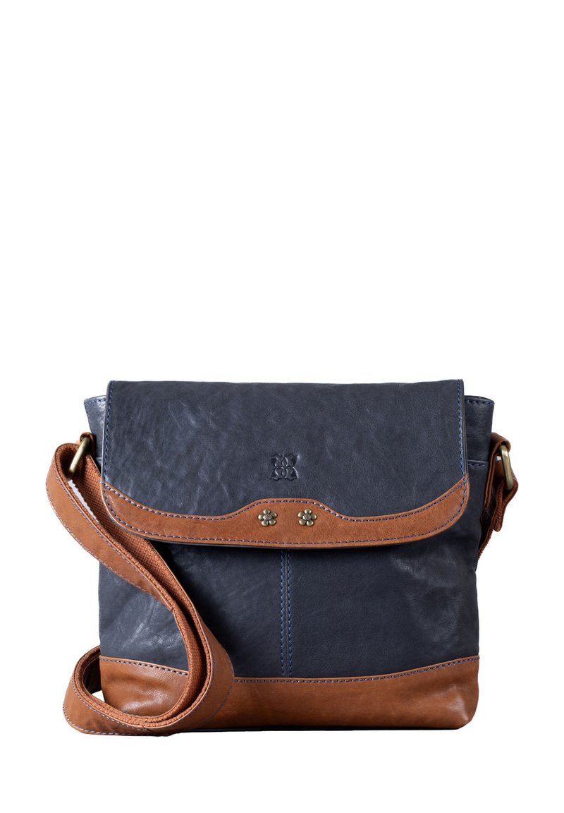 Navy leather crossbody bag with brown leather accents, featuring a flap closure, decorative studs, and an adjustable strap. Smooth texture.