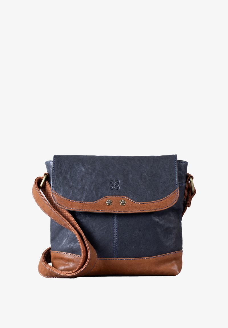 Navy leather crossbody bag with brown leather accents, featuring a flap closure, decorative studs, and an adjustable strap. Smooth texture.