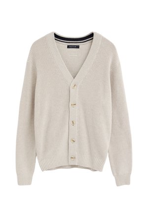 Cardigan beige en tricot avec col en V, cinq boutons sur le devant, poignets et ourlet côtelés, et un détail de col rayé noir.