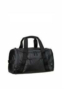 Black duffel bag made of sleek nylon with dual handles, a front zip pocket, and subtle branding. Features textured accents and sturdy straps.