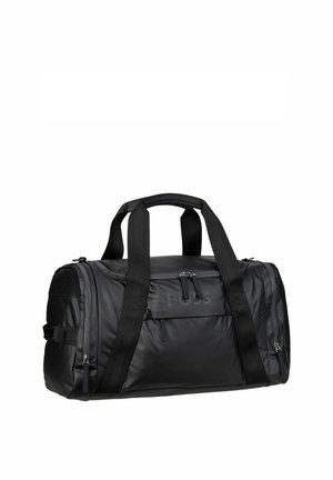 Schwarze Duffel-Tasche aus glattem Nylon mit zwei Griffen, einer vorderen Reißverschlusstasche und dezentem Branding. Verfügt über strukturierte Akzente und robuste Träger.